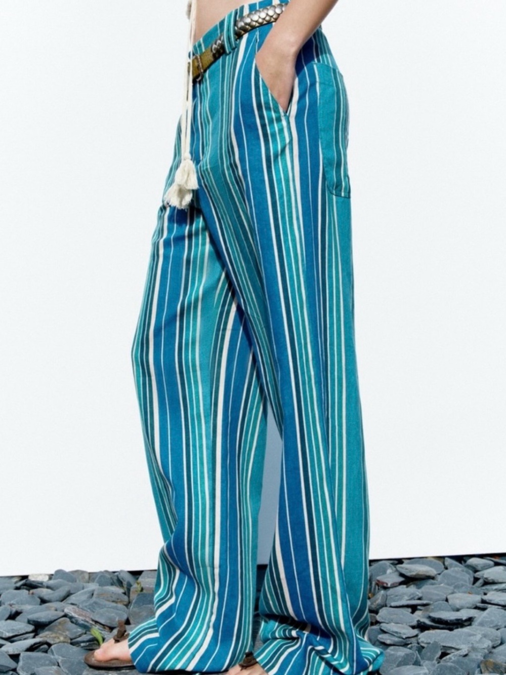 ZARA Blue Teal Striped Wide Leg
Pants S Small Boho